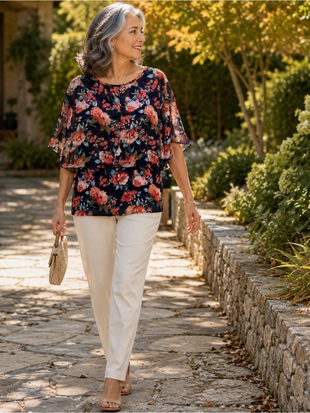 NEW Adele & May Navy Floral Layered Flutter Sleeve Blouse Size Large NWT